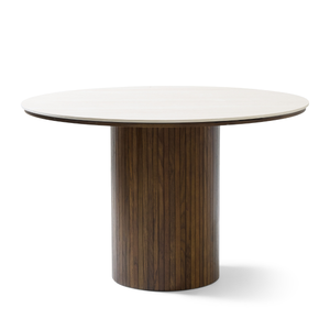 Enzo ronde eettafel met beige stenen blad en gerookt eiken lattenbodem Γ120 cm
