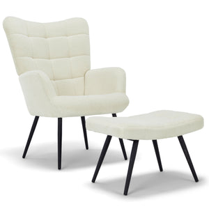 Allison Fauteuil met Voetenbank - witte pluche/naboots schapenvacht