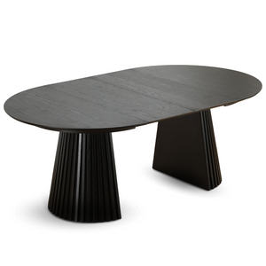 Lewis - Ronde lamel eettafel in zwart eikenfineer met uittrekfunctie 120/160/200 cm - 2 uitbreidingsbladen inbegrepen