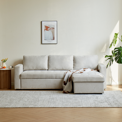 Sinus beige omkeerbare slaapbank met chaise longue en opbergruimte