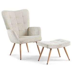 Allison Fauteuil met voetenbank - beige fluweel met eikenlook