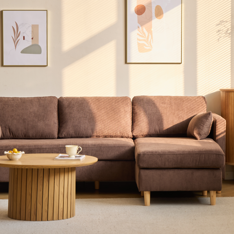 Ellis - Rechts- en linkszijdig omkeerbare chaise longue bank in bruin fluweel - L: 215 x D: 82 x H: 78 cm