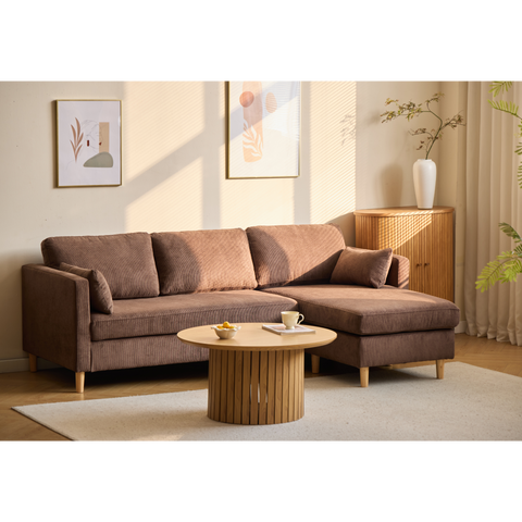 Ellis - Rechts- en linkszijdig omkeerbare chaise longue bank in bruin fluweel - L: 215 x D: 82 x H: 78 cm