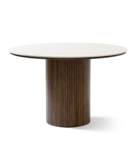 Enzo ronde eettafel met beige stenen blad en gerookt eiken lattenbodem Ø120 cm