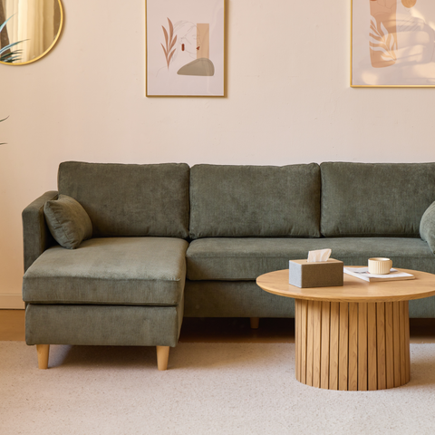 Ellis - Omkeerbare chaise longue bank met links- en rechtszijdige opstelling in groen fluweel - L: 215 x D: 82 x H: 78 cm