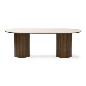Enzo ovale eettafel met stenen tafelblad in beige en lattenbodem in gerookt eiken 220x100x76 cm