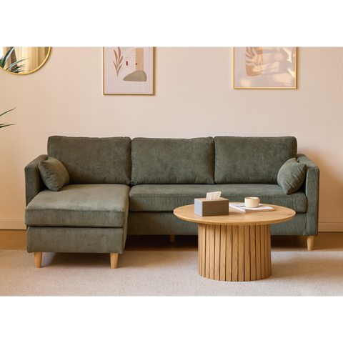 Ellis - Omkeerbare chaise longue bank met links- en rechtszijdige opstelling in groen fluweel - L: 215 x D: 82 x H: 78 cm