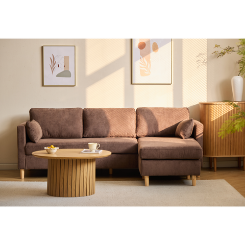 Ellis - Rechts- en linkszijdig omkeerbare chaise longue bank in bruin fluweel - L: 215 x D: 82 x H: 78 cm