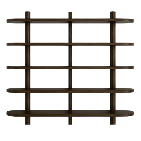 Juliet wandplank in gerookt eiken met 5 planken H:140 x D:22 x B:130 cm