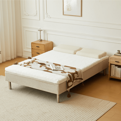 Premium boxspring in beige 140x200 cm met 7 cm topmatras van traagschuim excl. poten