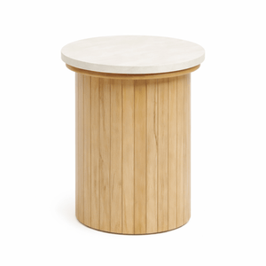 Enzo bijzettafel in steen met eikenhouten lattenbodem Ø40
