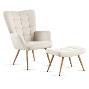 Allison Fauteuil met Voetenbank - beige textiel met eikenlook