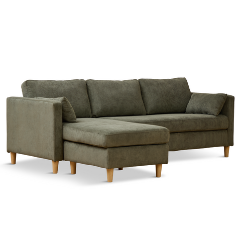Ellis - Omkeerbare chaise longue bank met links- en rechtszijdige opstelling in groen fluweel - L: 215 x D: 82 x H: 78 cm