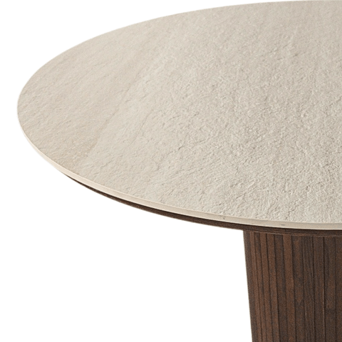 Enzo ronde eettafel met beige stenen blad en gerookt eiken lattenbodem Ø120 cm