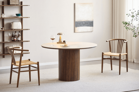 Enzo ronde eettafel met beige stenen blad en gerookt eiken lattenbodem Ø120 cm