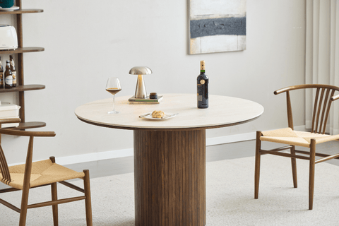 Enzo ronde eettafel met beige stenen blad en gerookt eiken lattenbodem Ø120 cm