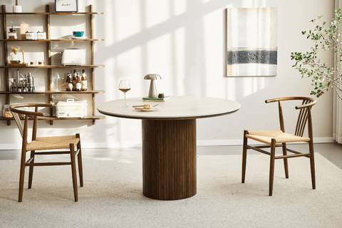 Enzo ronde eettafel met beige stenen blad en gerookt eiken lattenbodem Ø120 cm