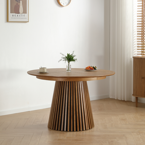 Lewis - Lamel ronde eettafel in eikenfineer met uittrekbaar blad 120/160/200 CM - 2 extra verlengbladen inbegrepen.