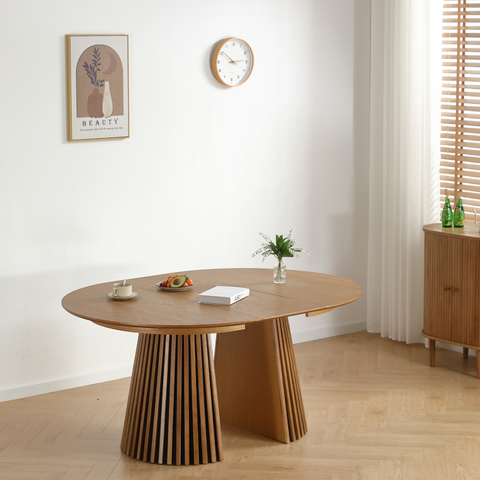 Lewis - Lamel ronde eettafel in eikenfineer met uittrekbaar blad 120/160/200 CM - 2 extra verlengbladen inbegrepen.