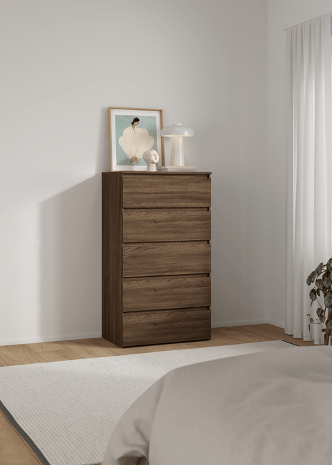 Maise ladekast H:114 x B:65 x D:41 cm met 5 laden in gerookt eiken look