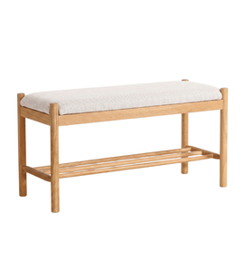 Mathew bank van eikenhout met gestoffeerde zitting in beige, 90 x 35 x 45 cm
