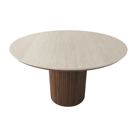 Enzo ronde eettafel met beige stenen blad en gerookt eiken lattenbodem Ø120 cm