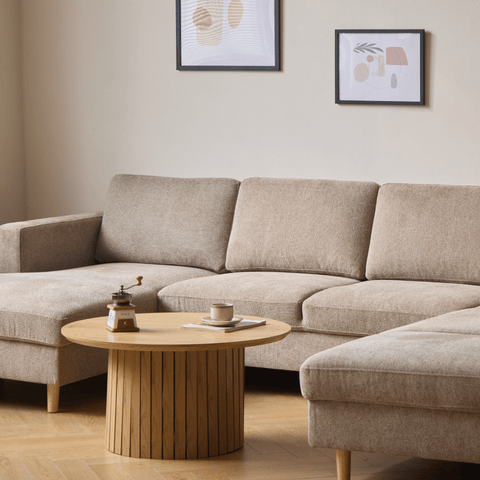 Jennifer linkszijdige U-sofa in zandkleur met chaise longue - L: 300 x D: 208 x H: 82 cm
